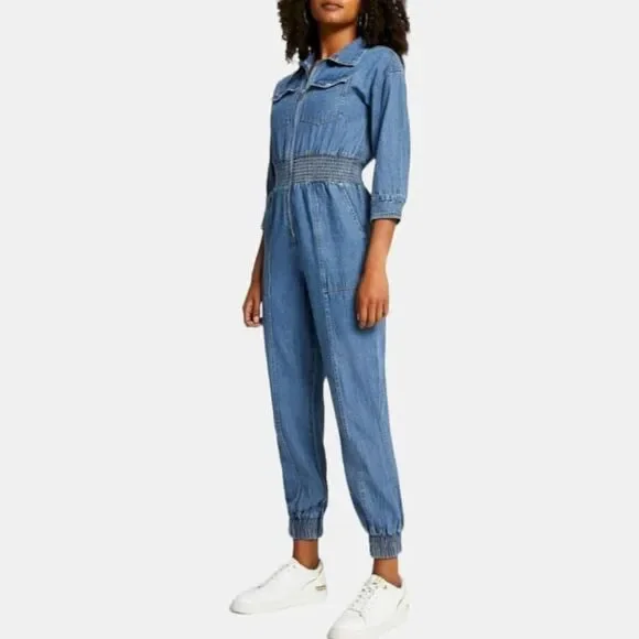 NWT River Island Jumpsuit Blue Denim Smocked Waist Boilersuit Size 8 UK, 6 US - Picture 5 of 12